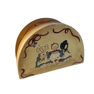 Wooden Half Moon Shaped Box With Painted Amish Rag Dolls Design Handcrafted